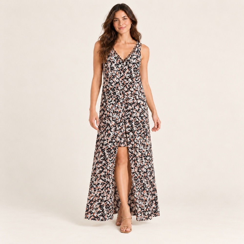 White House Black Market Maxi Dress 4 Black Pink Floral V Neck 570176681